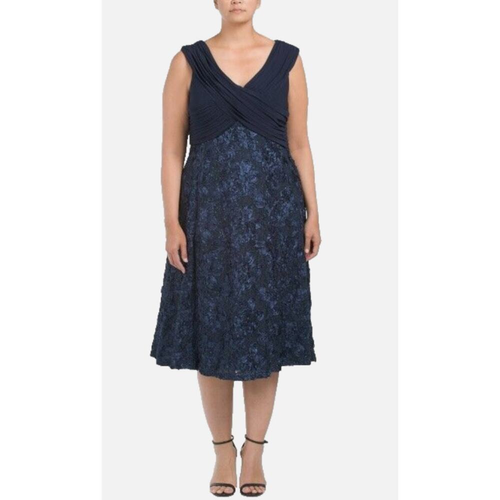 Alex Evenings Women's Plus Size Tea Length Dress with Rosette Detail Blue